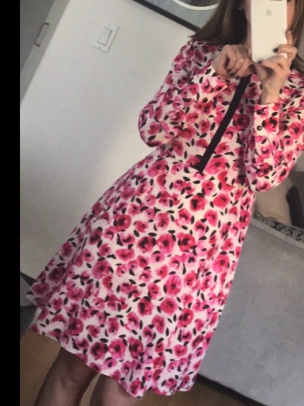 kate spade Pink Floral Long-Sleeve A-Line Dress with Black Trim